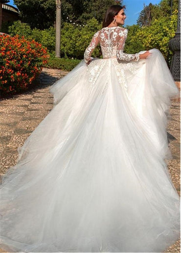 Roycebridal Long Sleeves A-Line Wedding Dresses Bridal Gowns Tulle With Ribbon Custom Made Spring Lace Appliques Top