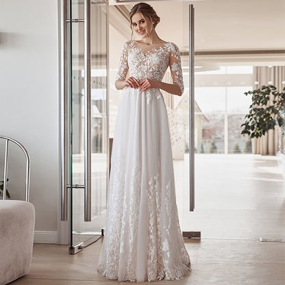 Roycebridal Half Sleeve Floor Length A-Line Wedding Dress 2021 Lace Appliques O-Neck Vintage Civil Bridal Gown With Button Back Tulle