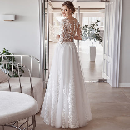 Roycebridal Half Sleeve Floor Length A-Line Wedding Dress 2021 Lace Appliques O-Neck Vintage Civil Bridal Gown With Button Back Tulle