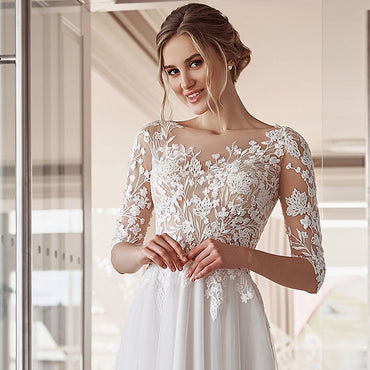 Roycebridal Half Sleeve Floor Length A-Line Wedding Dress 2021 Lace Appliques O-Neck Vintage Civil Bridal Gown With Button Back Tulle