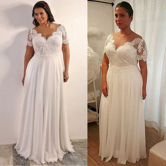 Roycebridal Chiffon A-line Plus Size Wedding Dress With Beaded Lace Appliques Short Sleeves Lace Up Back 28W Size Bridal Dresses