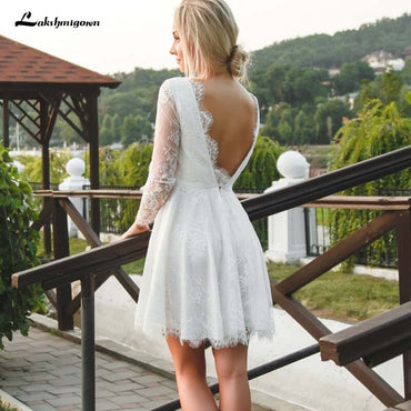 Sexy Backless Short Beach Wedding Dresses A Line Full Lace Sheer Long Sleeve Summer Bohemian Boho Bridal Gowns - ROYCEBRIDAL OFFICIAL STORE