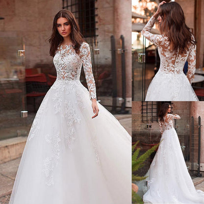 Roycebridal Attractive Tulle Jewel Neckline See-through Bodice A-line Wedding Dress With Lace Appliques & Beadings Long Sleeves Bridal Dress