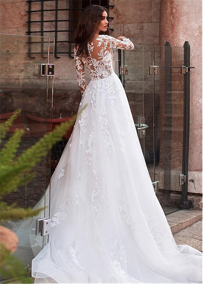 Roycebridal Attractive Tulle Jewel Neckline See-through Bodice A-line Wedding Dress With Lace Appliques & Beadings Long Sleeves Bridal Dress