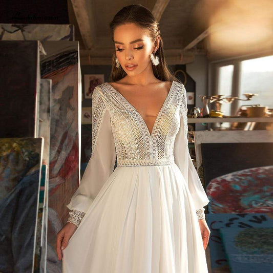 Puffy Long Sleeve Dress Women Boho Wedding Dresses - ROYCEBRIDAL OFFICIAL STORE