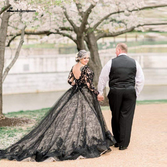 Puffy Plus Size Black Wedding Dress Long Sleeve - ROYCEBRIDAL OFFICIAL STORE