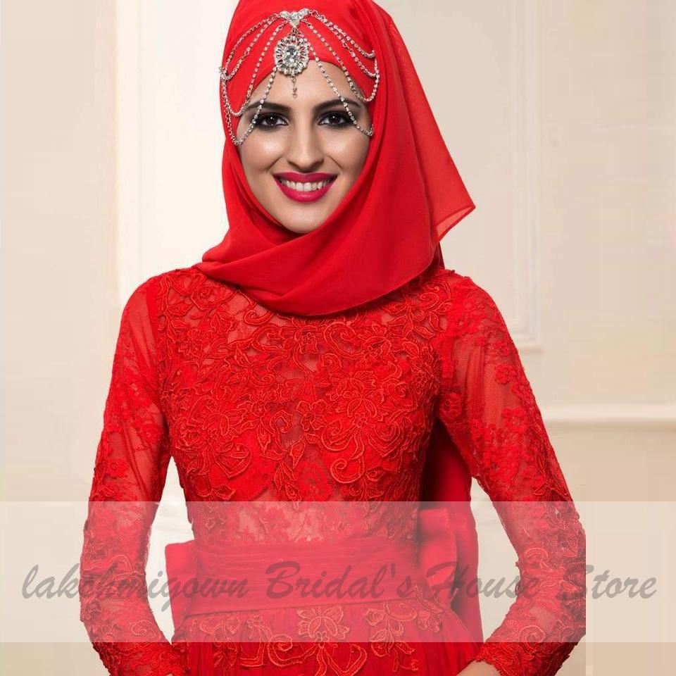 Red Hijab Wedding Dress Elegant Long Sleeve O Neck - ROYCEBRIDAL OFFICIAL STORE