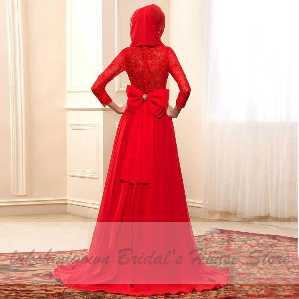 Red Hijab Wedding Dress Elegant Long Sleeve O Neck - ROYCEBRIDAL OFFICIAL STORE