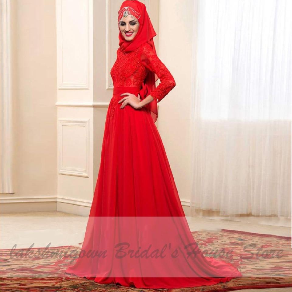 Red Hijab Wedding Dress Elegant Long Sleeve O Neck - ROYCEBRIDAL OFFICIAL STORE