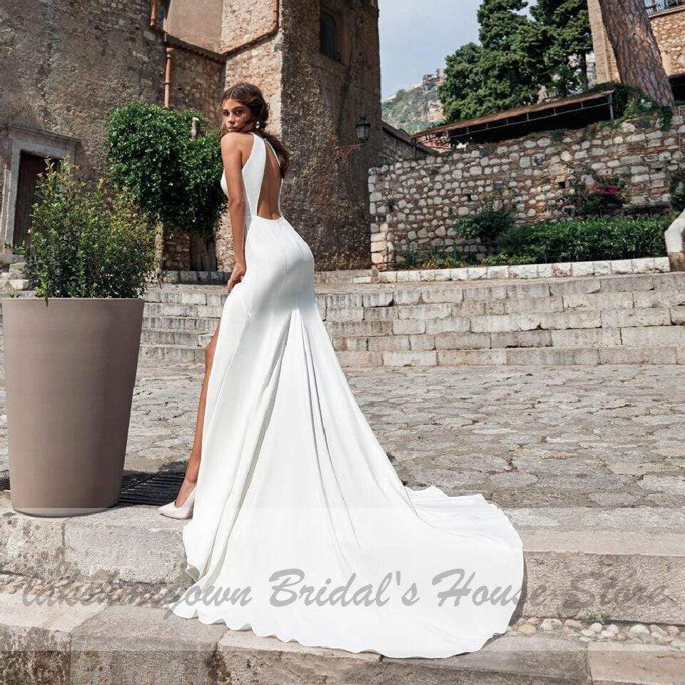 Robe Satin Wedding Dress Sexy Mermaid Backless - ROYCEBRIDAL OFFICIAL STORE