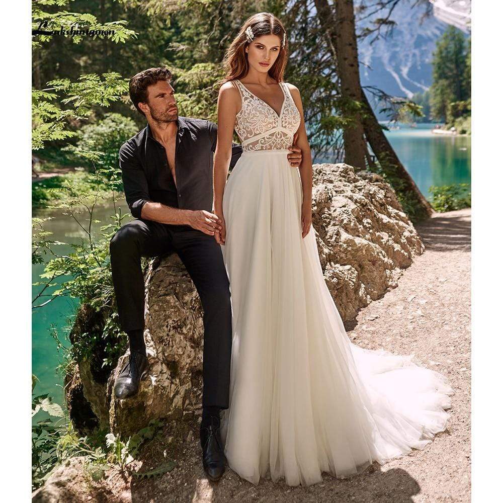 Romantic Lace Boho beach Wedding Dress - ROYCEBRIDAL OFFICIAL STORE