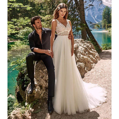 Romantic Lace Boho beach Wedding Dress - ROYCEBRIDAL OFFICIAL STORE