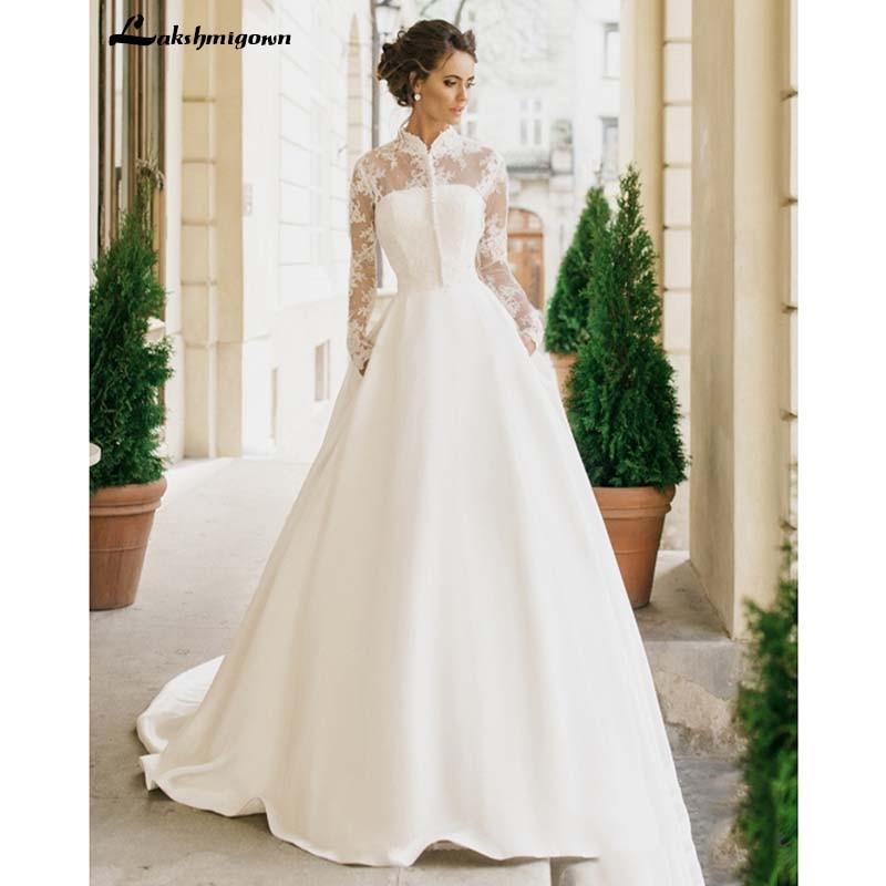 Romantic Lace Wedding Dresses V neck A Line High Slit - ROYCEBRIDAL OFFICIAL STORE