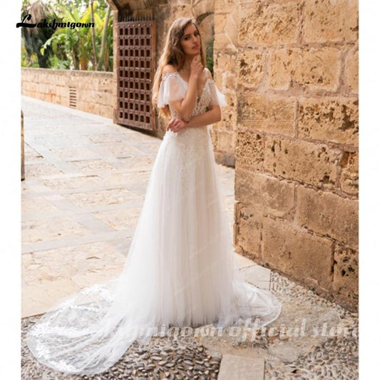 Romantic Lace Wedding Dresses V-Neck Floor Length - ROYCEBRIDAL OFFICIAL STORE