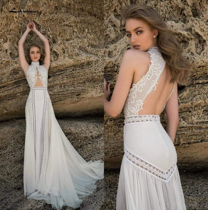 Romantic Mermaid Wedding Dresses High Neck Lace Applique - ROYCEBRIDAL OFFICIAL STORE