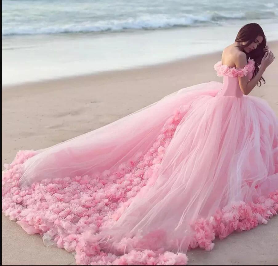 Romantic Poofy Pink Floral Wedding Dresses Off the Shoulder - ROYCEBRIDAL OFFICIAL STORE