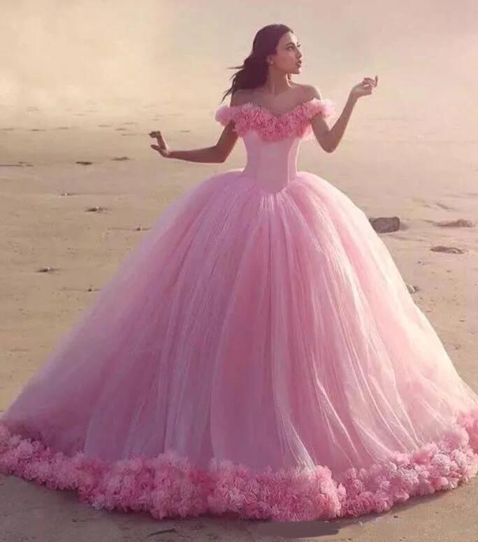 Romantic Poofy Pink Floral Wedding Dresses Off the Shoulder - ROYCEBRIDAL OFFICIAL STORE