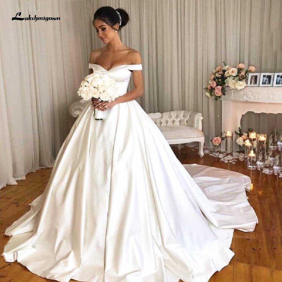 Satin Bridal Gown Off Shoulder Wedding Dresses Lace Up Back - ROYCEBRIDAL OFFICIAL STORE