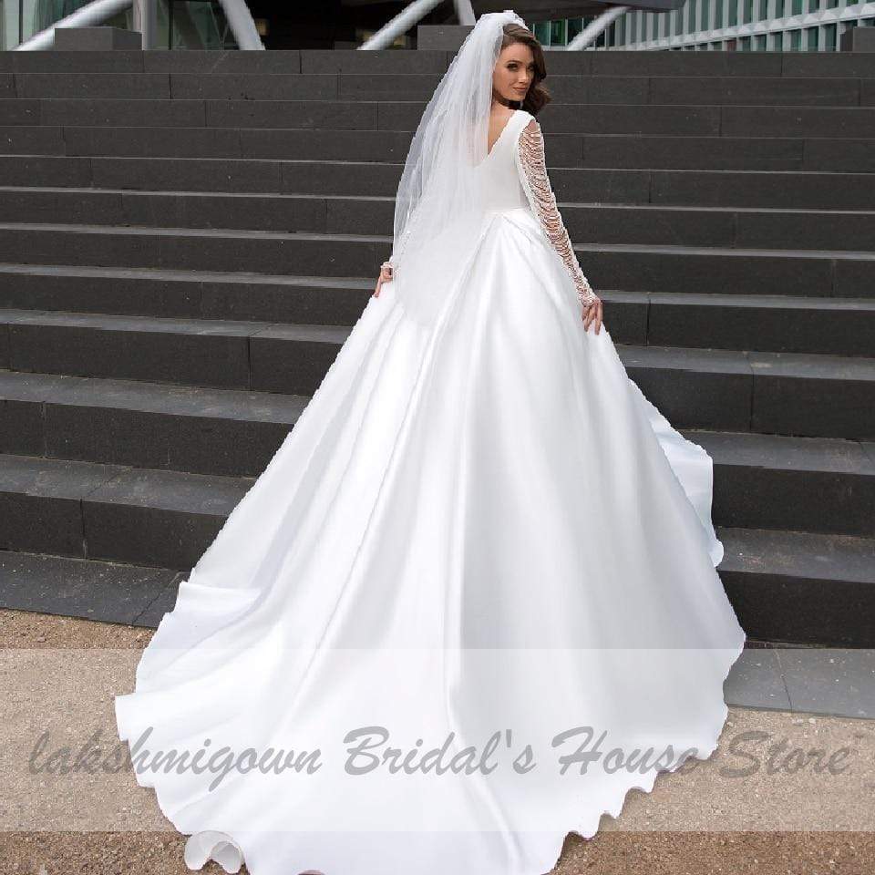 Satin Dress Long Sleeve Wedding Gowns - ROYCEBRIDAL OFFICIAL STORE