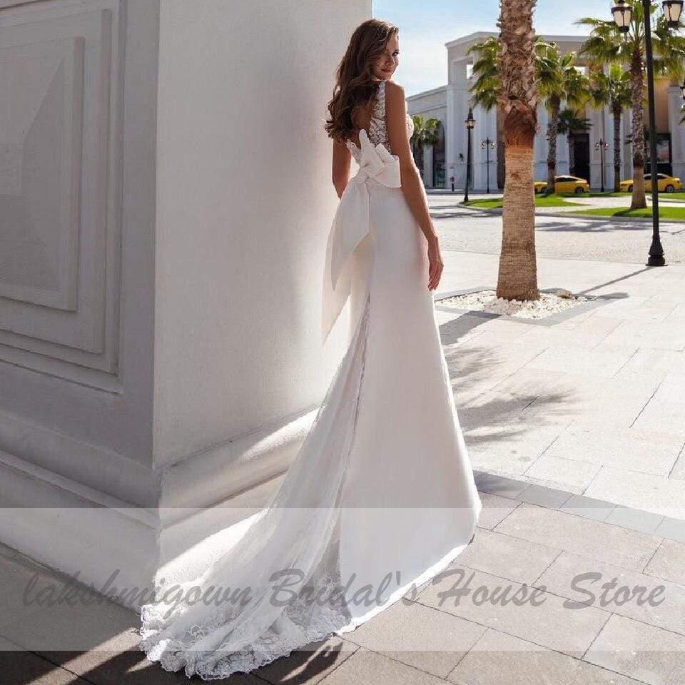 Satin Mermaid Wedding Dress Bridal Dresses Long Train - ROYCEBRIDAL OFFICIAL STORE