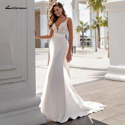 Satin Mermaid Wedding Dress Bridal Dresses Long Train - ROYCEBRIDAL OFFICIAL STORE