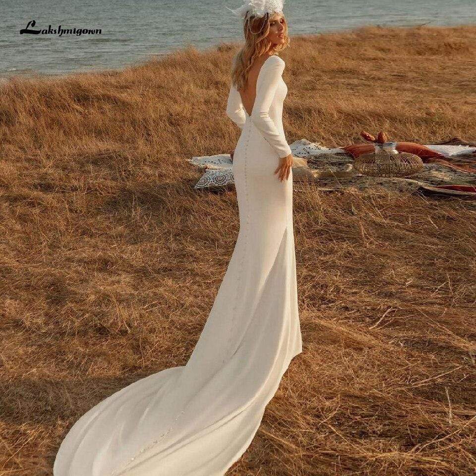 Satin Mermaid Wedding Dresses Sexy Backless Long Sleeves Bridal Gown - ROYCEBRIDAL OFFICIAL STORE