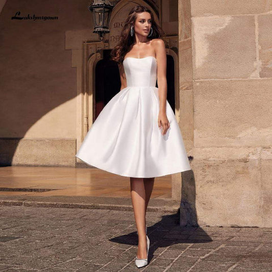 Satin Short Wedding Dress Party Gowns Strapless Sexy - ROYCEBRIDAL OFFICIAL STORE