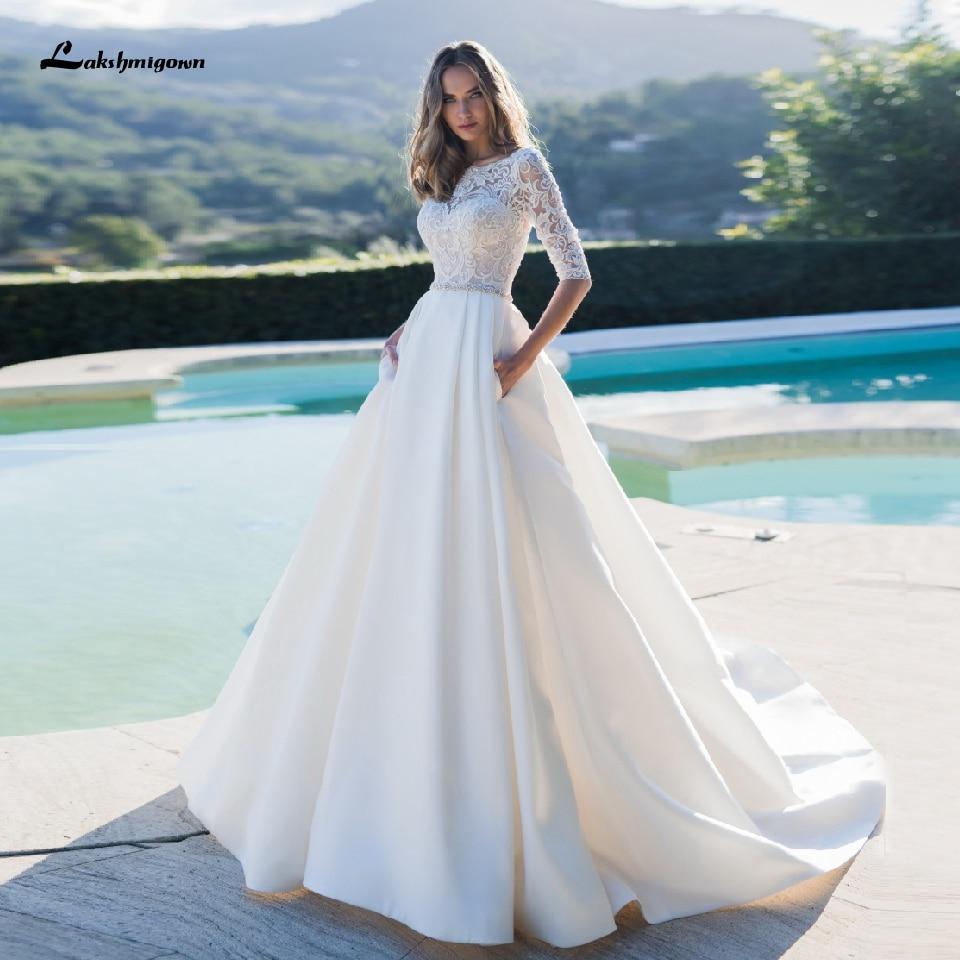 Satin Wedding Dress Lace Half Sleeves A Line - ROYCEBRIDAL OFFICIAL STORE