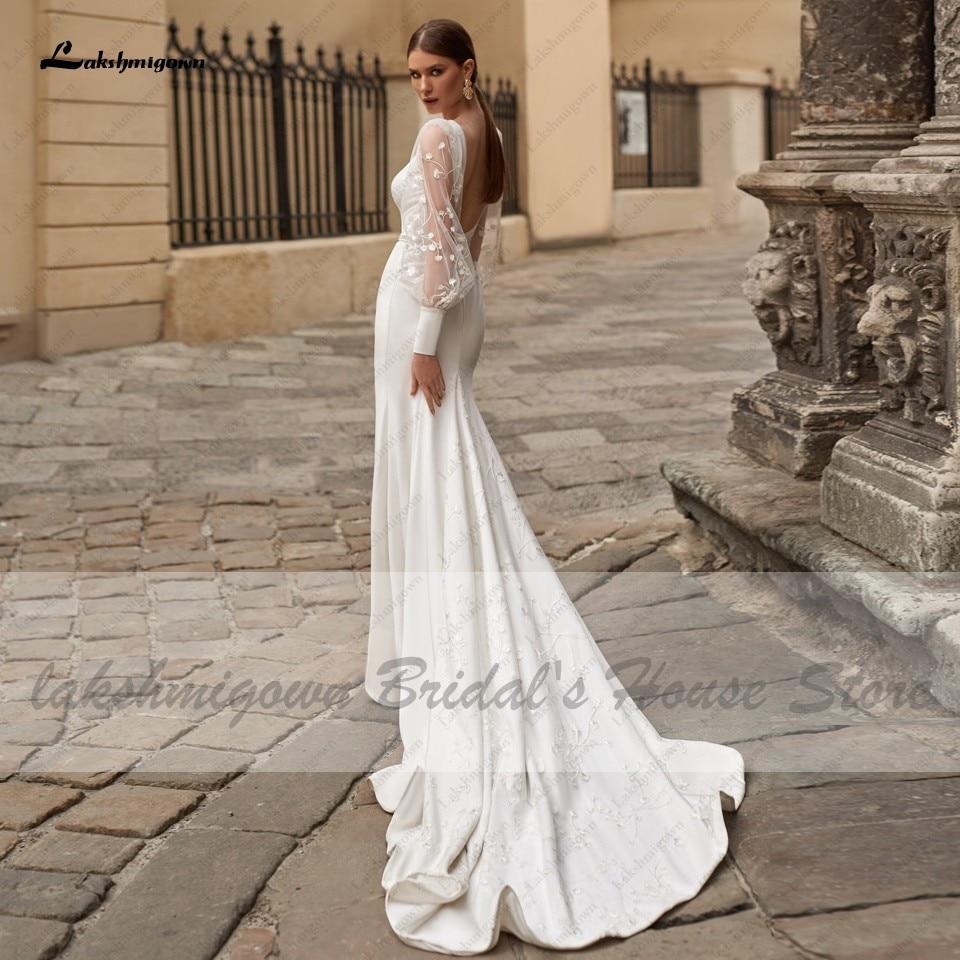 Satin Wedding Dress Puffy Sleeves Sexy Birdal Princess - ROYCEBRIDAL OFFICIAL STORE