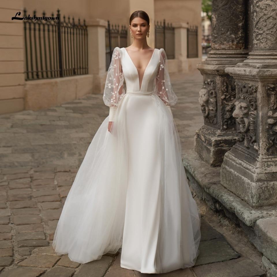 Satin Wedding Dress Puffy Sleeves Sexy Birdal Princess - ROYCEBRIDAL OFFICIAL STORE