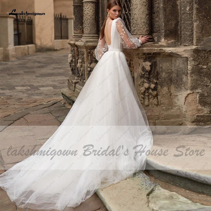 Satin Wedding Dress Puffy Sleeves Sexy Birdal Princess - ROYCEBRIDAL OFFICIAL STORE