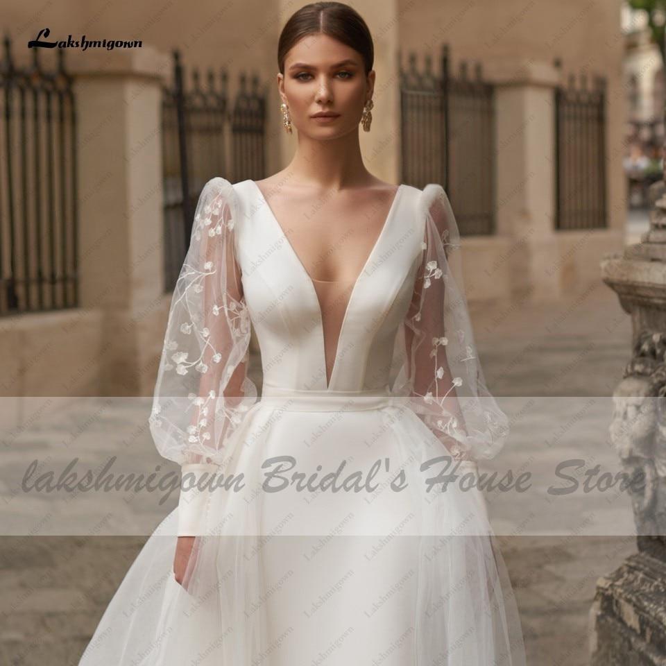 Satin Wedding Dress Puffy Sleeves Sexy Birdal Princess - ROYCEBRIDAL OFFICIAL STORE