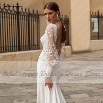 Satin Wedding Dress Puffy Sleeves Sexy Birdal Princess - ROYCEBRIDAL OFFICIAL STORE