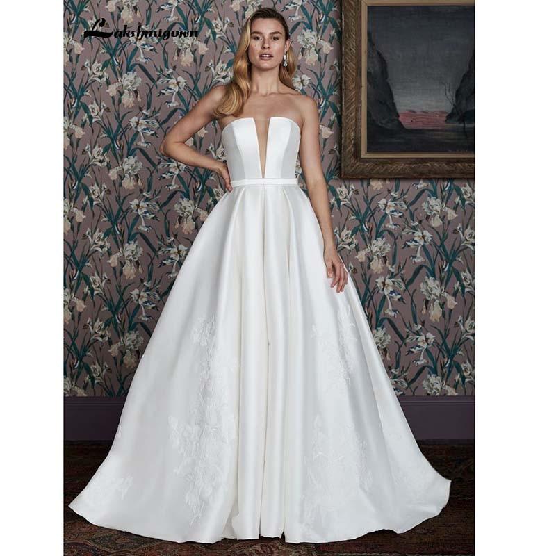 Satin Wedding Dresses A Line Sweetheart Sweep Train Ruffles - ROYCEBRIDAL OFFICIAL STORE