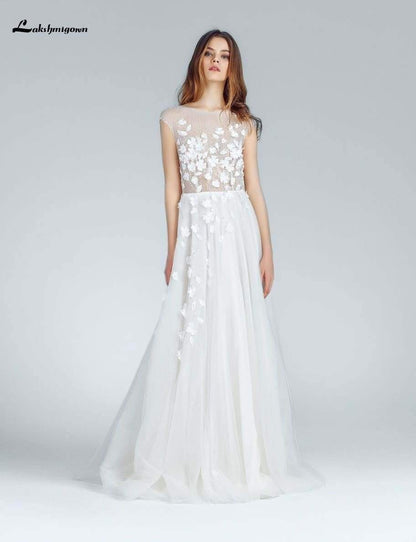 Sexy A Line Wedding Dresses White Lace Appliqued - ROYCEBRIDAL OFFICIAL STORE