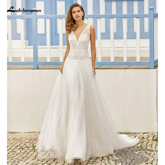 Sexy Backless Deep v neck Bridal Gowns Summer Wedding Dress - ROYCEBRIDAL OFFICIAL STORE