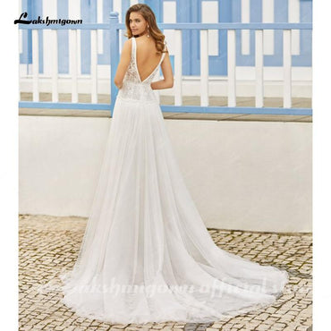 Sexy Backless Deep v neck Bridal Gowns Summer Wedding Dress - ROYCEBRIDAL OFFICIAL STORE