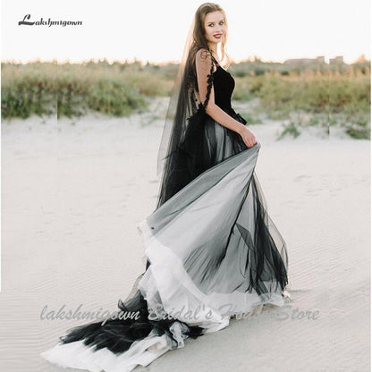 Sexy Black Wedding Dress A Line Sleeveless Lace Open Back - ROYCEBRIDAL OFFICIAL STORE