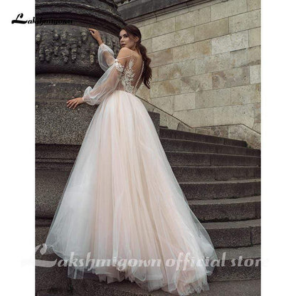 Sexy Boho Pink Wedding Dresses Long Sleeves Buttons Back - ROYCEBRIDAL OFFICIAL STORE