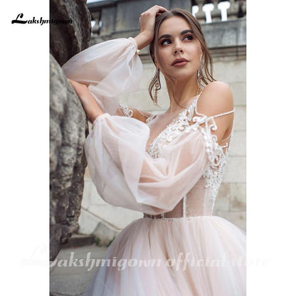 Sexy Boho Pink Wedding Dresses Long Sleeves Buttons Back - ROYCEBRIDAL OFFICIAL STORE