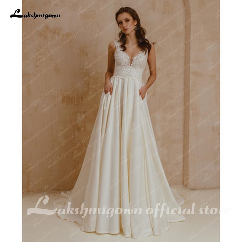 Sexy Boho V-Neck Satin Wedding Gown Ivory Lace - ROYCEBRIDAL OFFICIAL STORE