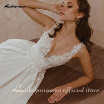 Sexy Boho V-Neck Satin Wedding Gown Ivory Lace - ROYCEBRIDAL OFFICIAL STORE