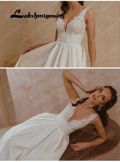 Sexy Boho V-Neck Satin Wedding Gown Ivory Lace - ROYCEBRIDAL OFFICIAL STORE