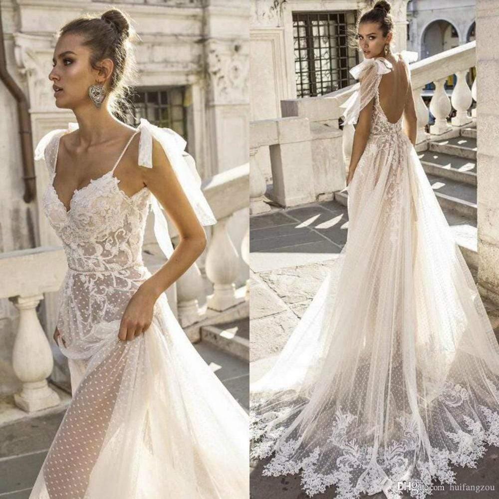 Sexy Boho Wedding Dresses Spaghetti Straps Illusion Lace Backless - ROYCEBRIDAL OFFICIAL STORE