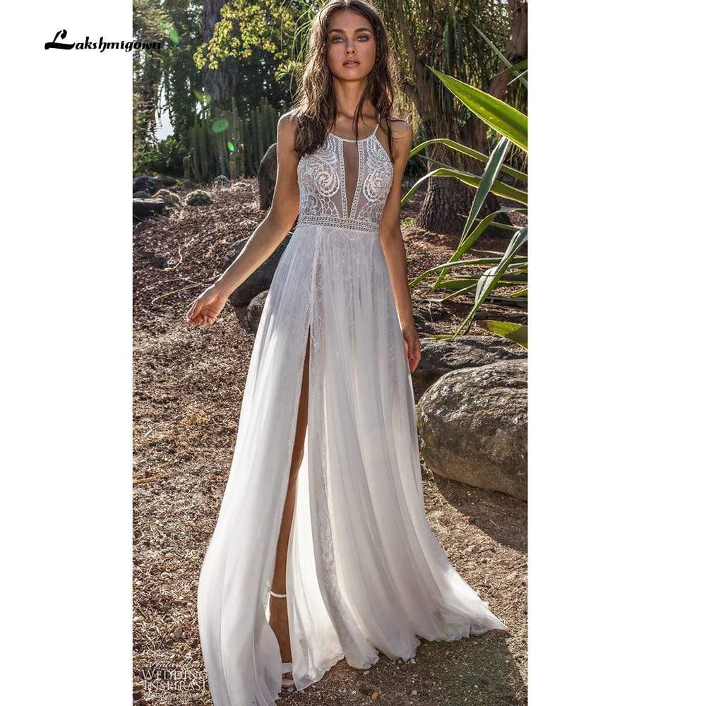 Sexy Deep V Neck  Lace Chiffon high Split Wedding Dresses - ROYCEBRIDAL OFFICIAL STORE