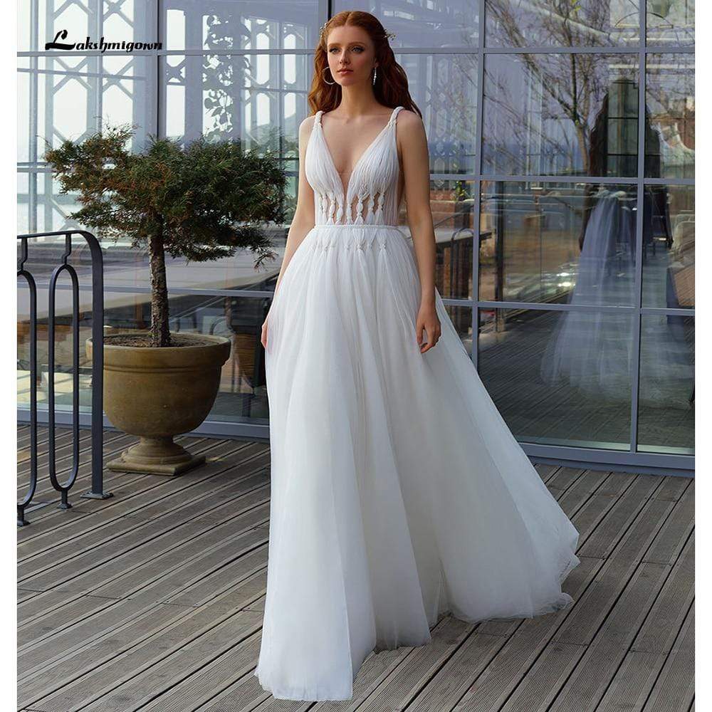 Sexy Deep V Neck Open Back fairy Tulle Wedding Dresses - ROYCEBRIDAL OFFICIAL STORE