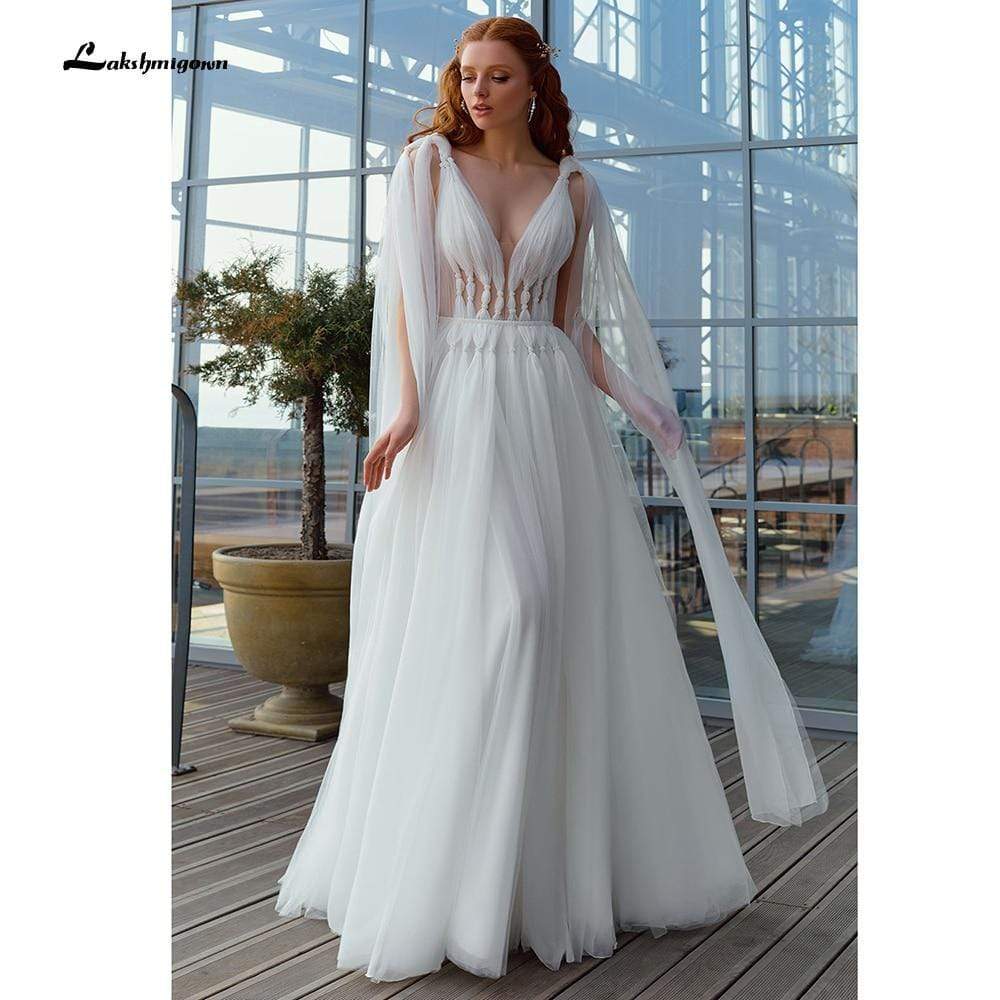 Sexy Deep V Neck Open Back fairy Tulle Wedding Dresses - ROYCEBRIDAL OFFICIAL STORE