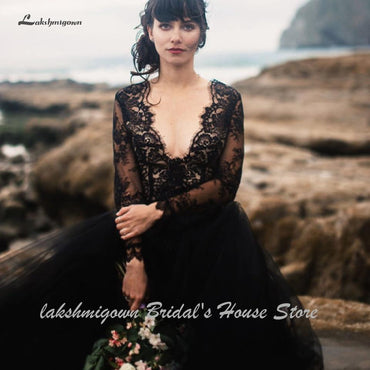 Sexy Gothic Black Beach Wedding Dress Long Sleeve - ROYCEBRIDAL OFFICIAL STORE