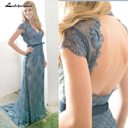 Sexy Key Hole Back Lace Evening Dresses Dusty Blue - ROYCEBRIDAL OFFICIAL STORE