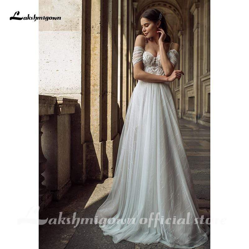 Sexy Lace Tulle Beach Wedding Dress Boho Off Shoulder - ROYCEBRIDAL OFFICIAL STORE